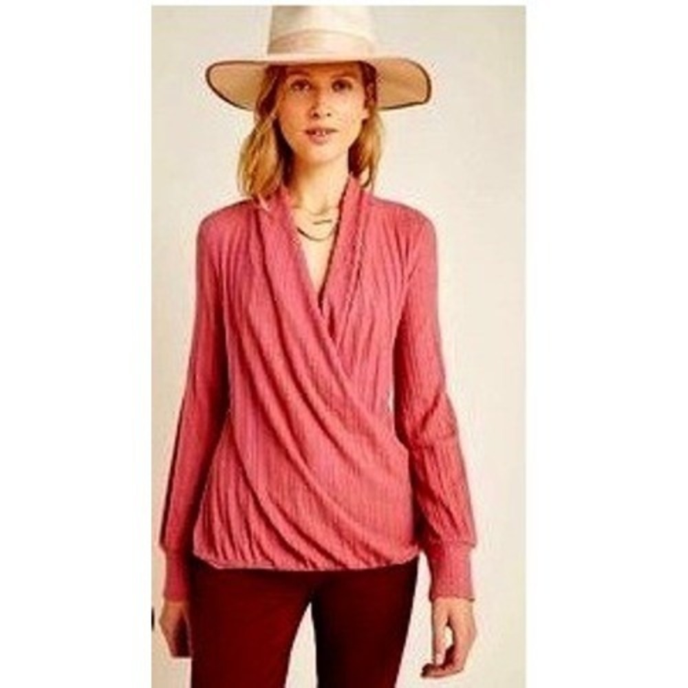 Maeve Anthropologie Large Rose Pink Ribbed Wrap Pullover Sweater Draped Surplice